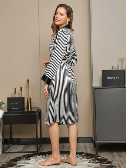 She's Inn Graceful Comfort Robe Women Pure Silk Stripe Pattern Belted Long Robe LONG-ROBE-2636