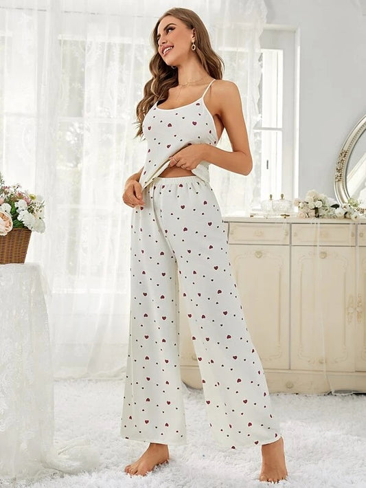 She's Inn Spark Silk-like Heart Print  Cami Top And Long Pants Pajamas Set