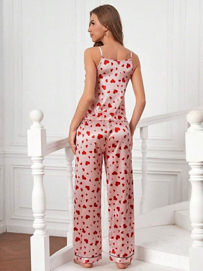 She's Inn Mystique Silk-like Heart Print  Cami Top And Long Pants Pajamas Set