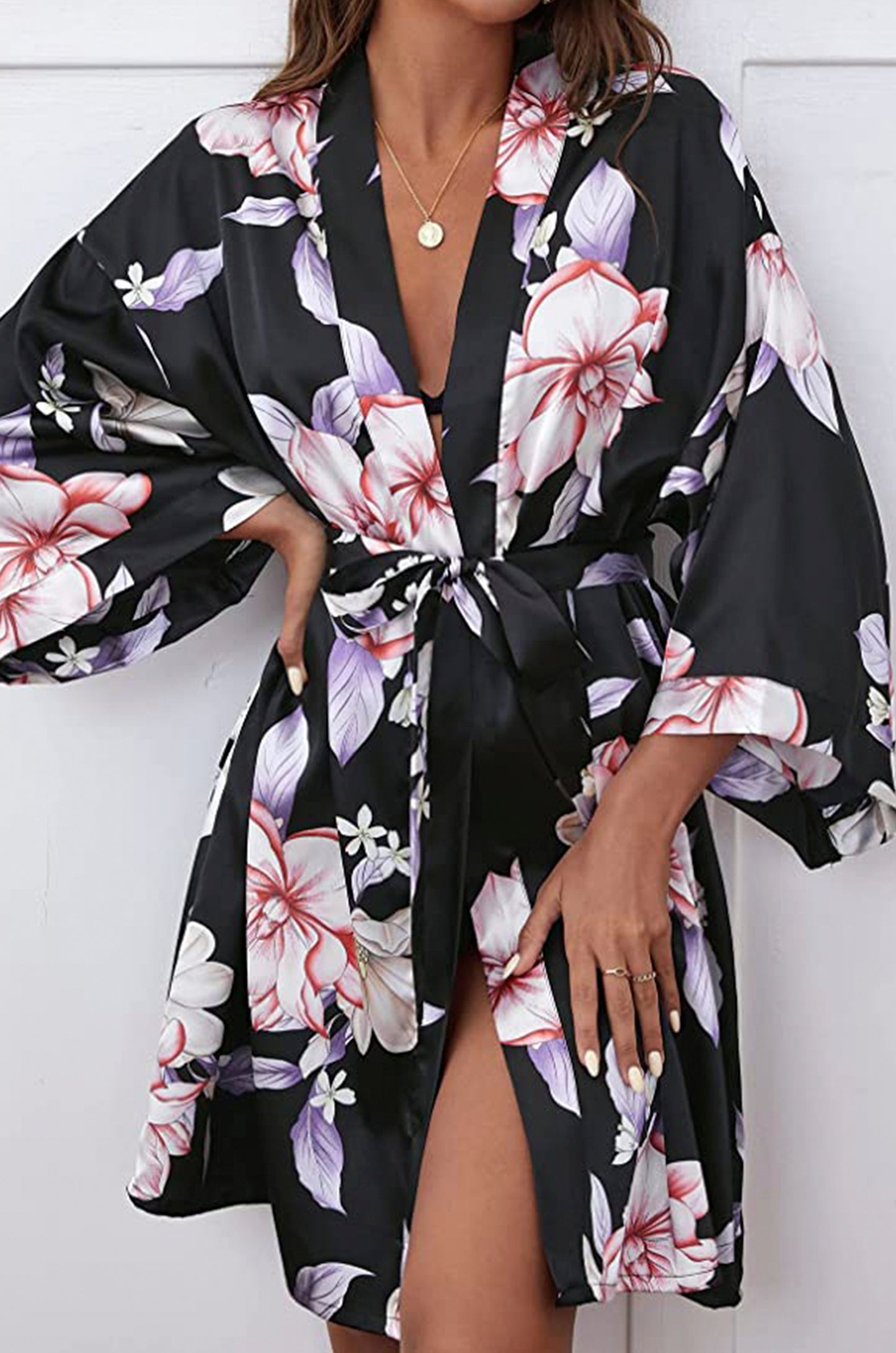 She's Inn Cozy Haven Robe Printed Silk Satin Floral Print Drop Shoulder Belted Satin Robe