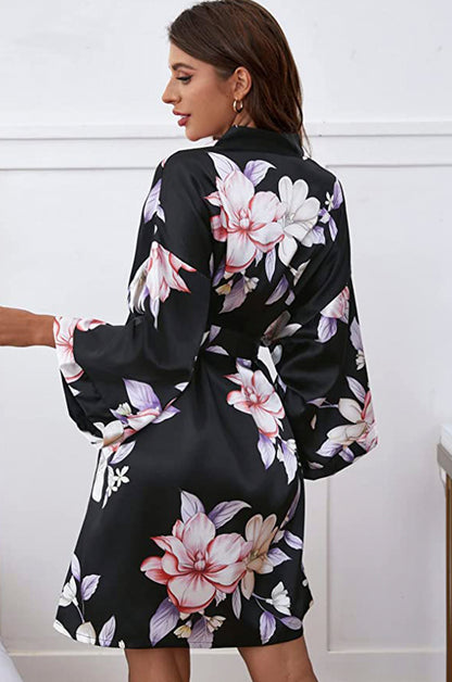 She's Inn Cozy Haven Robe Printed Silk Satin Floral Print Drop Shoulder Belted Satin Robe