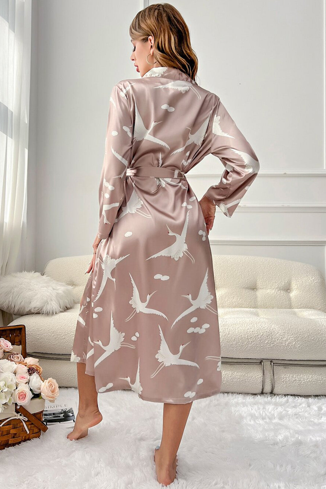 She's Inn Classic Comfort Robe Printed Silk Satin Bird Print Drop Shoulder Belted Satin Robe