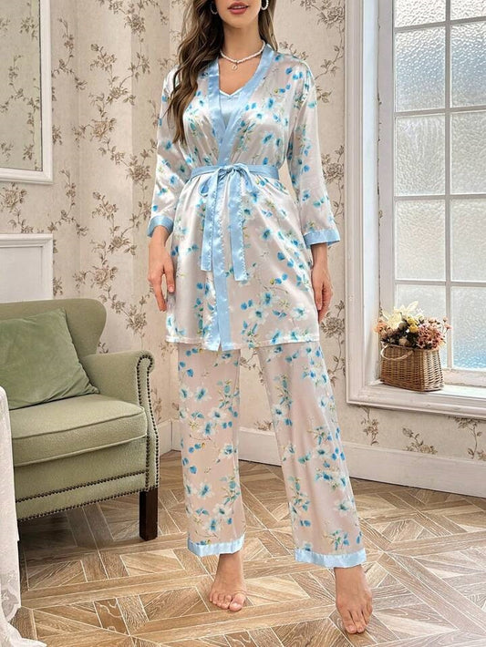Women's 3 piece sleepwear sky blue floral print satin cami pajama set silk with robe
