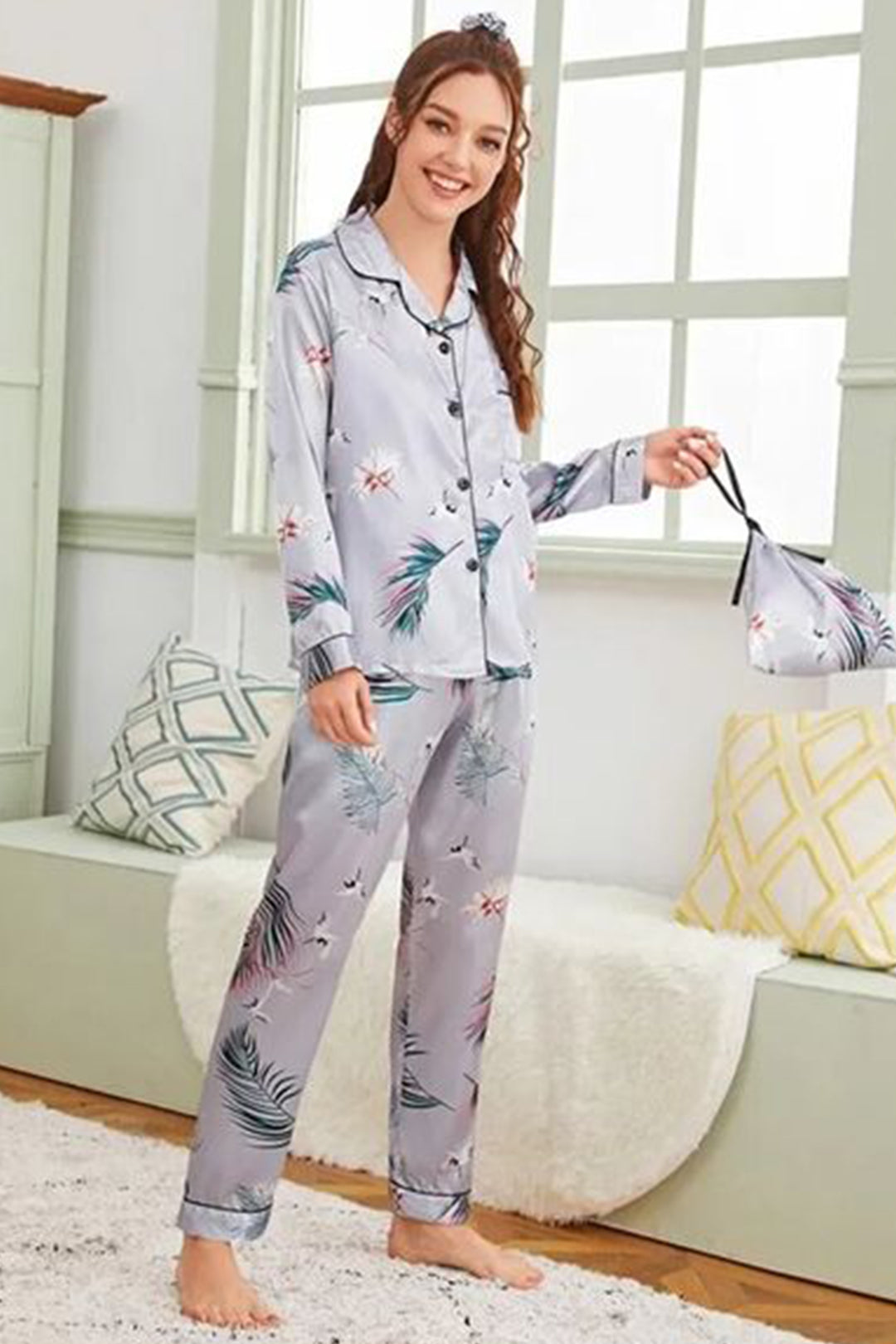 She's Inn Flair Silky Satin Night Dress For Women and Girls 7 Piece Night Wear- Silky Satin Womens Pajama Sets Button Down Sleepwear Loungewear - Night Dress Nighty with Shirt and Trouser by Mid Night Vibes