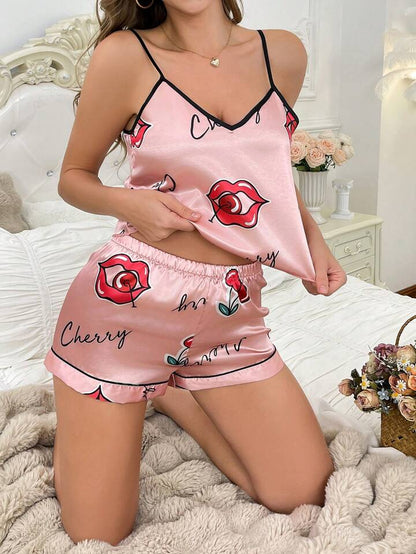 Rachel Lingerie Lips &amp; Cherry Print Nightwear Introducing International Print Of Satin Silk Matching Cami Set Hot and Sexy