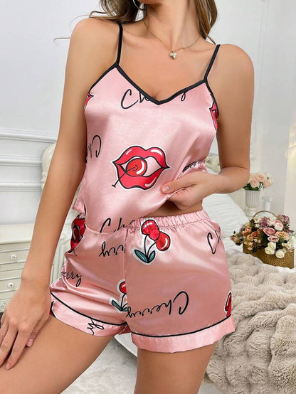 Rachel Lingerie Lips &amp; Cherry Print Nightwear Introducing International Print Of Satin Silk Matching Cami Set Hot and Sexy