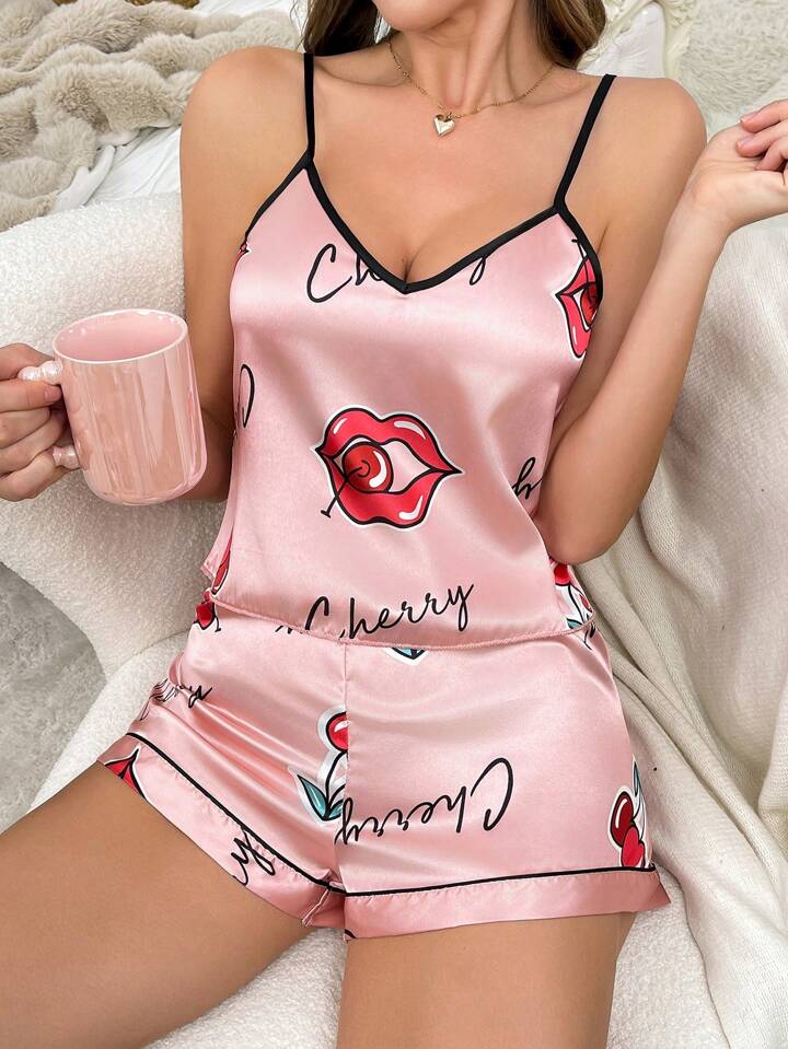 Rachel Lingerie Lips &amp; Cherry Print Nightwear Introducing International Print Of Satin Silk Matching Cami Set Hot and Sexy