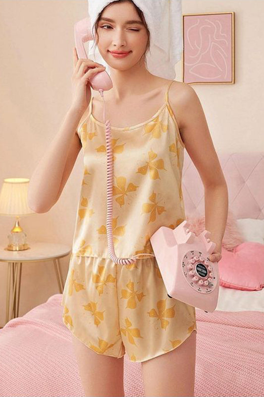 Rachel Lingerie Store Style Secrets Silky Satin Yellow Floral Print Satin Cami Night Dress For Women