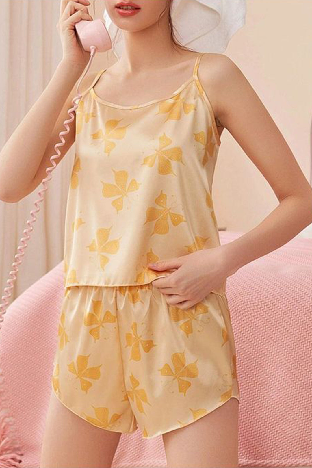 Rachel Lingerie Store Style Secrets Silky Satin Yellow Floral Print Satin Cami Night Dress For Women