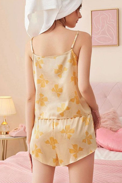 Rachel Lingerie Store Style Secrets Silky Satin Yellow Floral Print Satin Cami Night Dress For Women