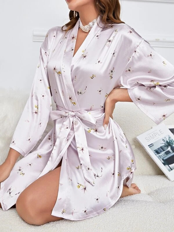 She's Inn Pure Bliss Robe Printed Silk Satin Floral Print With Belted Satin Robe