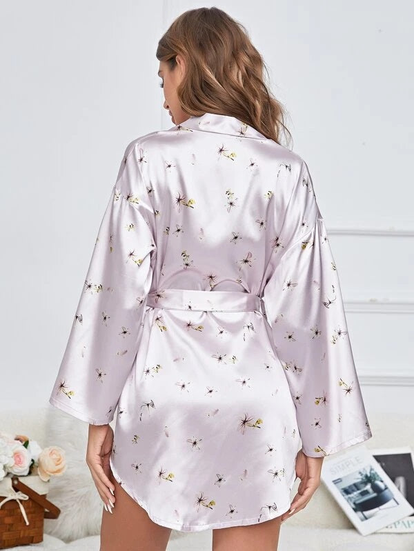 She's Inn Pure Bliss Robe Printed Silk Satin Floral Print With Belted Satin Robe