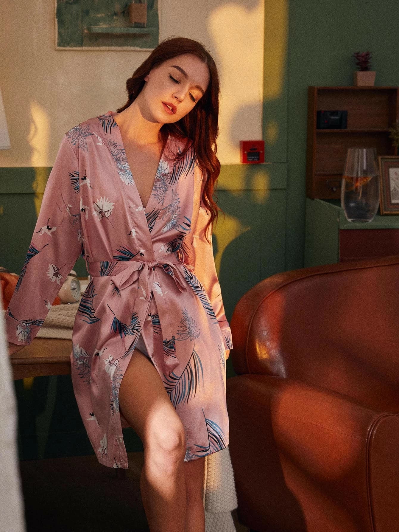 She's Inn Modern Must-Haves Robe Printed Silk Satin Pink Floral Print With Belted Satin Robe