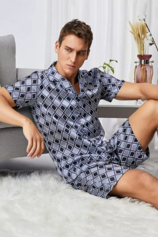 Sebastian Men's Silky Satin Printed Short set pjs, satin, Half sleeve