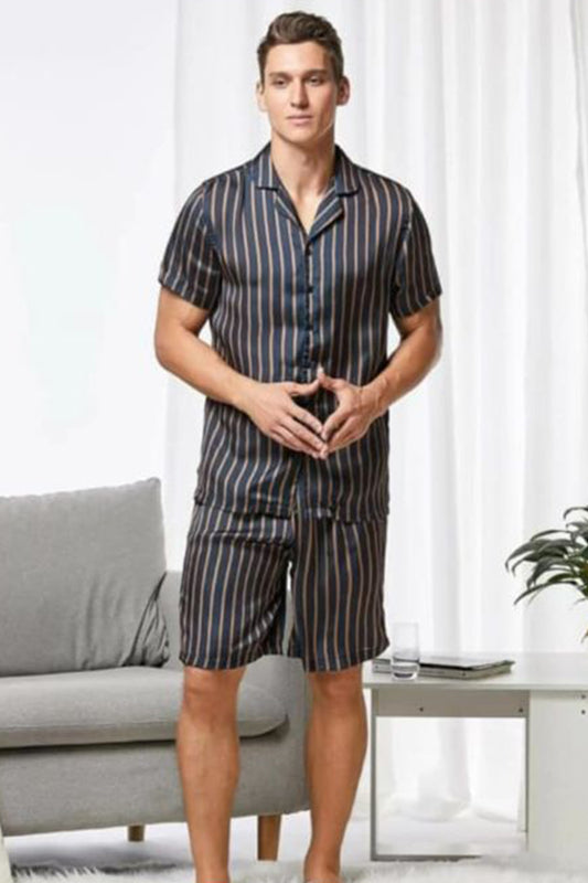 Sebastian Men's Silky Satin Strip Short set pjs, satin, Half sleeve