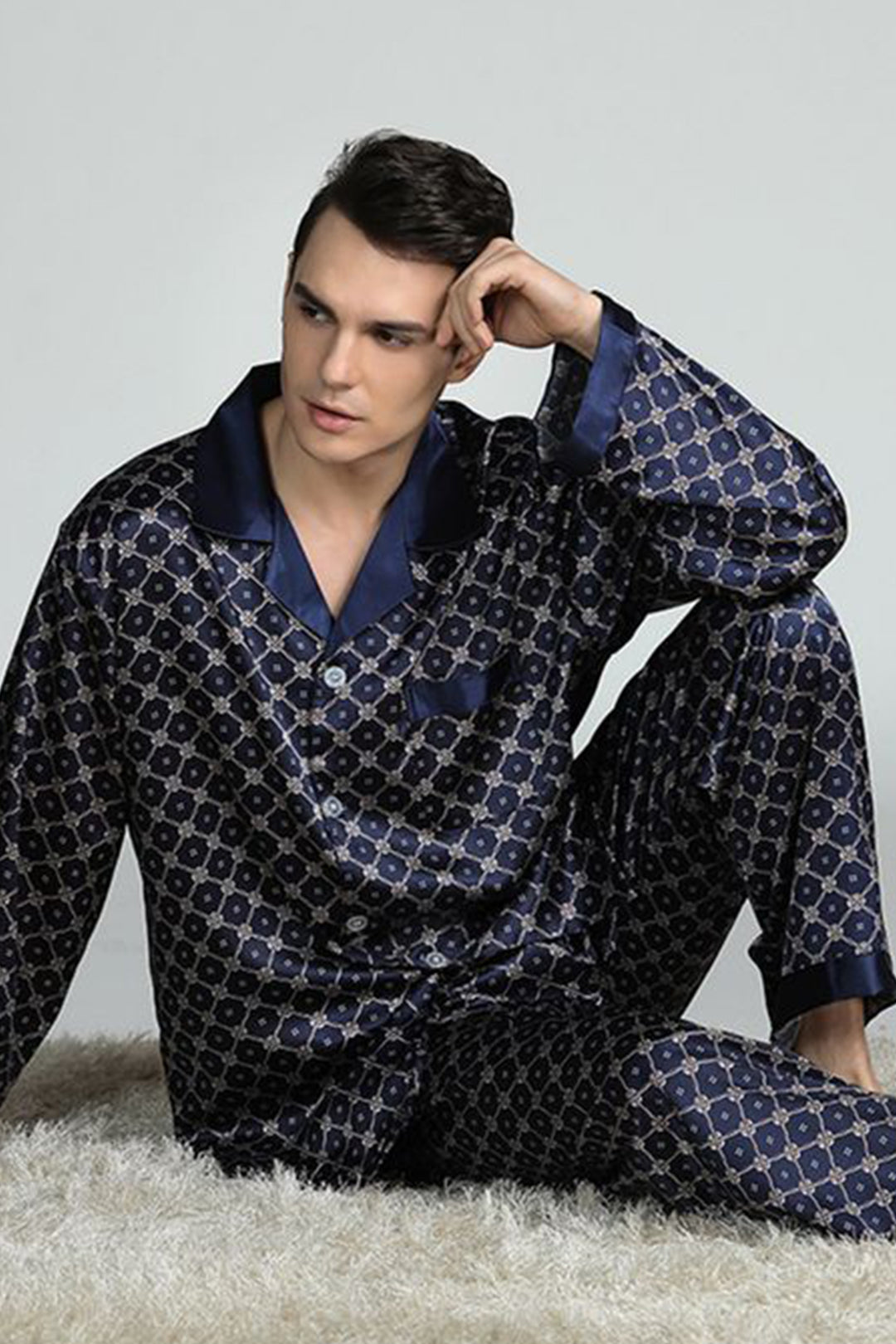 Sebastian Men's Silky Satin Navy Floral Print pajama set pjs, satin, full sleeve Front Pocket