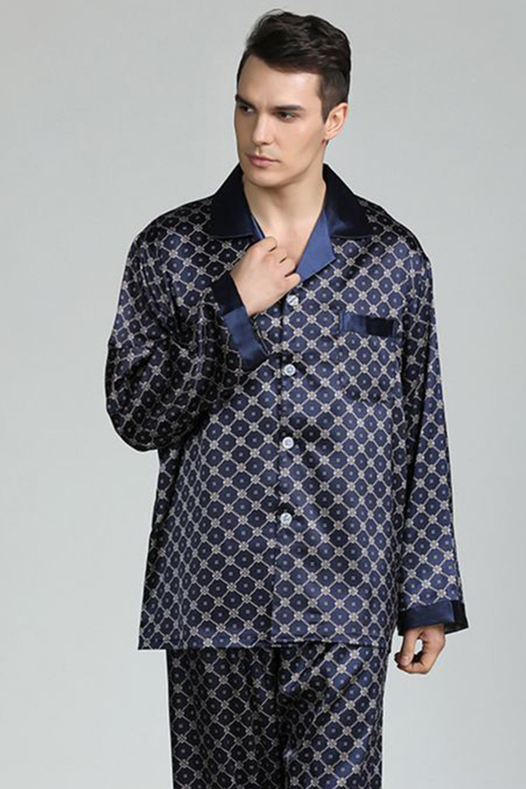 Sebastian Men's Silky Satin Navy Floral Print pajama set pjs, satin, full sleeve Front Pocket