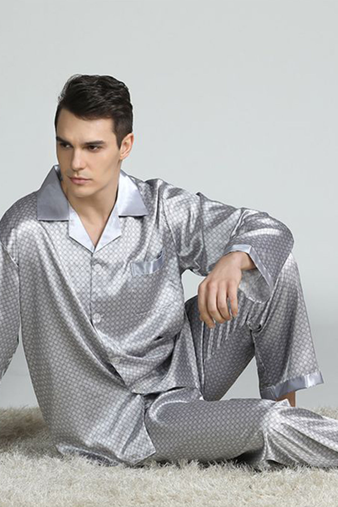 Sebastian Men's Silky Satin Box Print pajama set pjs, satin, full sleeve