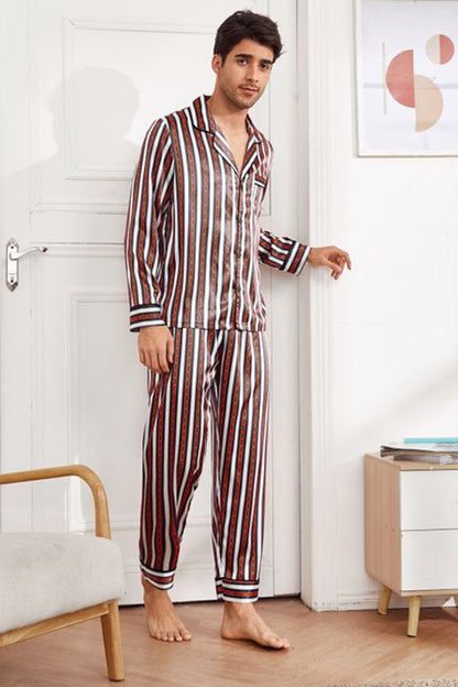 Sebastian Men's Silky Satin Brown Strip pajama set pjs, satin, full sleeve