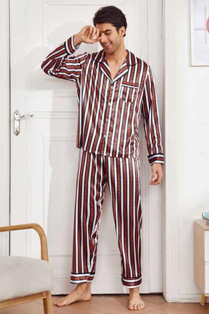 Sebastian Men's Silky Satin Brown Strip pajama set pjs, satin, full sleeve