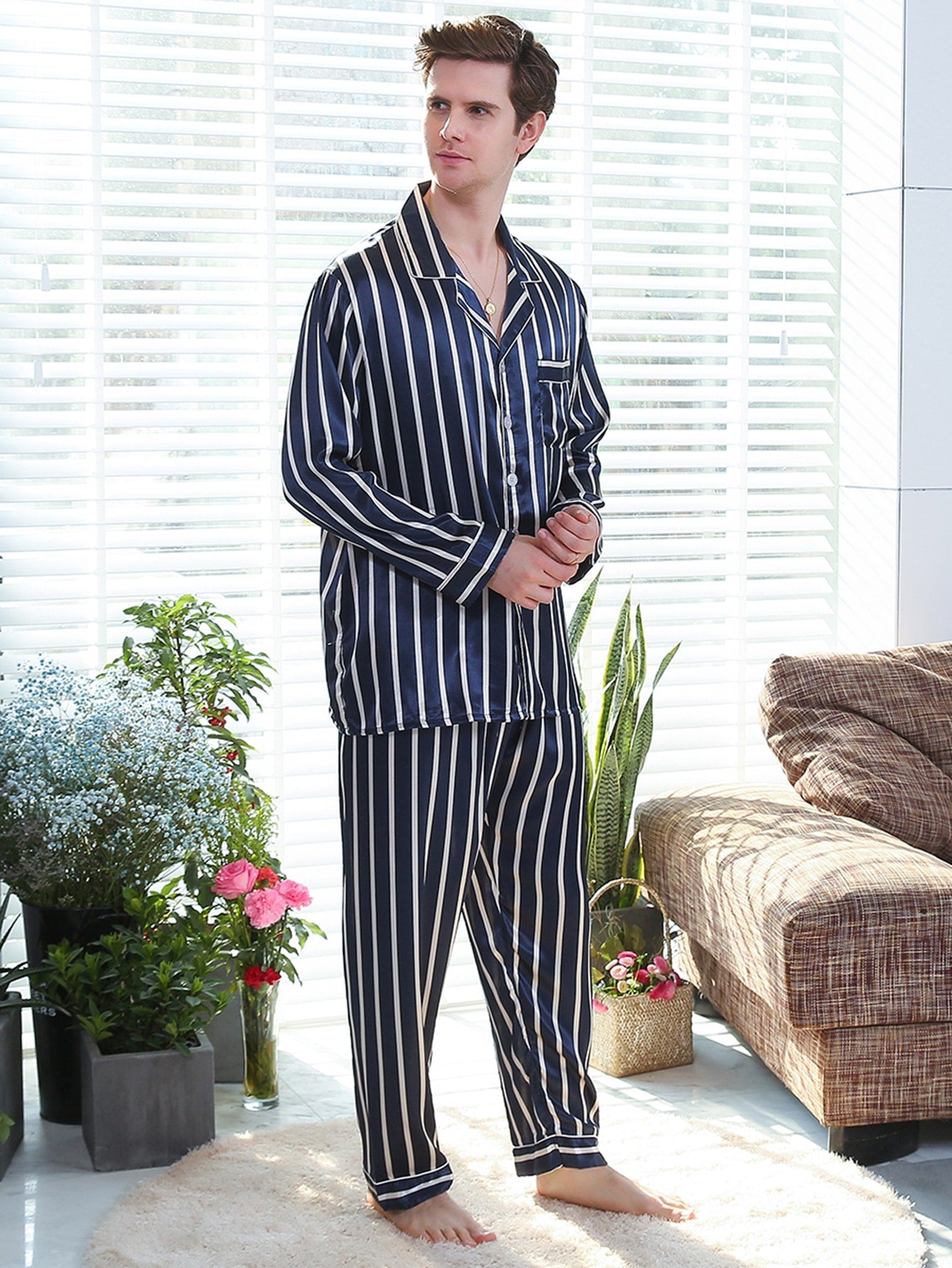 Sebastian Men's Silky Satin Navy Strip pajama set pjs, satin, full sleeve