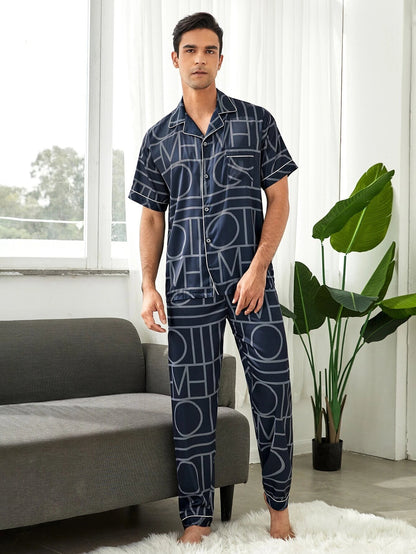 Sebastian Men's Silky Satin Printed pajama set pjs, satin, Half sleeve