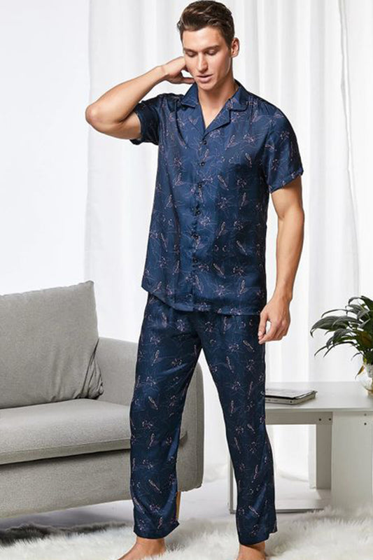 Sebastian Men's Silky Satin Navy Floral Print pajama set pjs, satin, Half sleeve