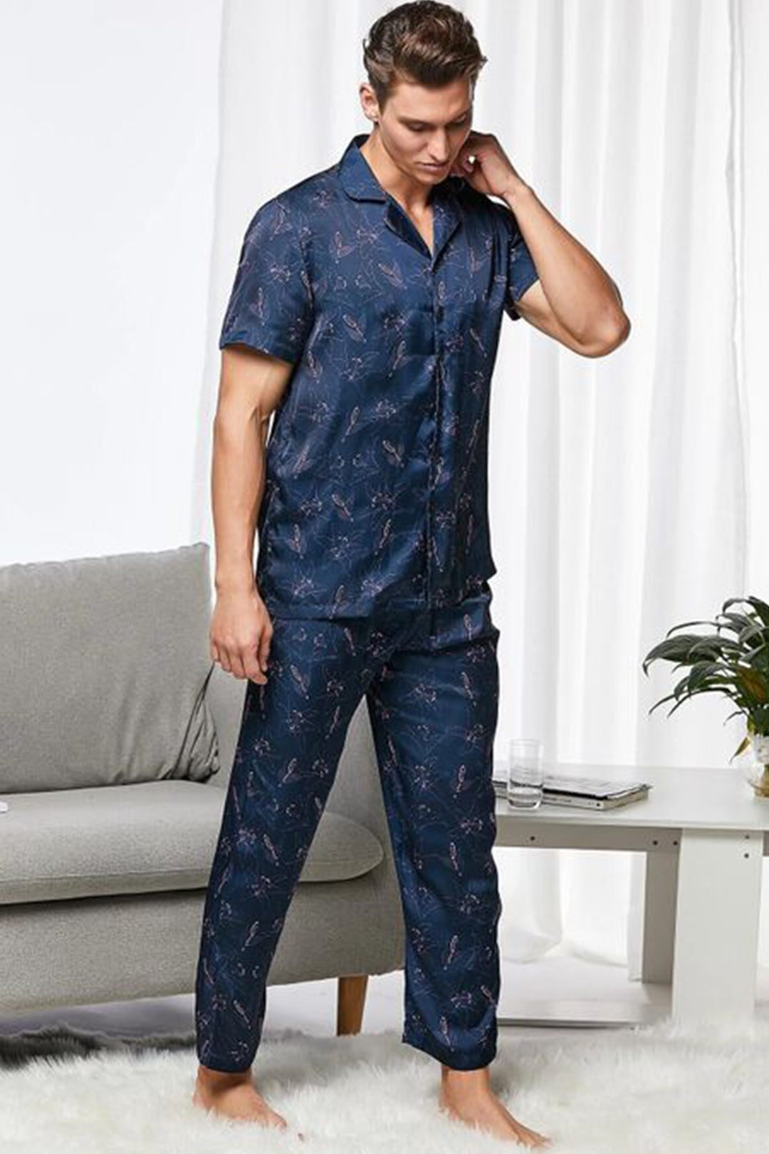 Sebastian Men's Silky Satin Navy Floral Print pajama set pjs, satin, Half sleeve