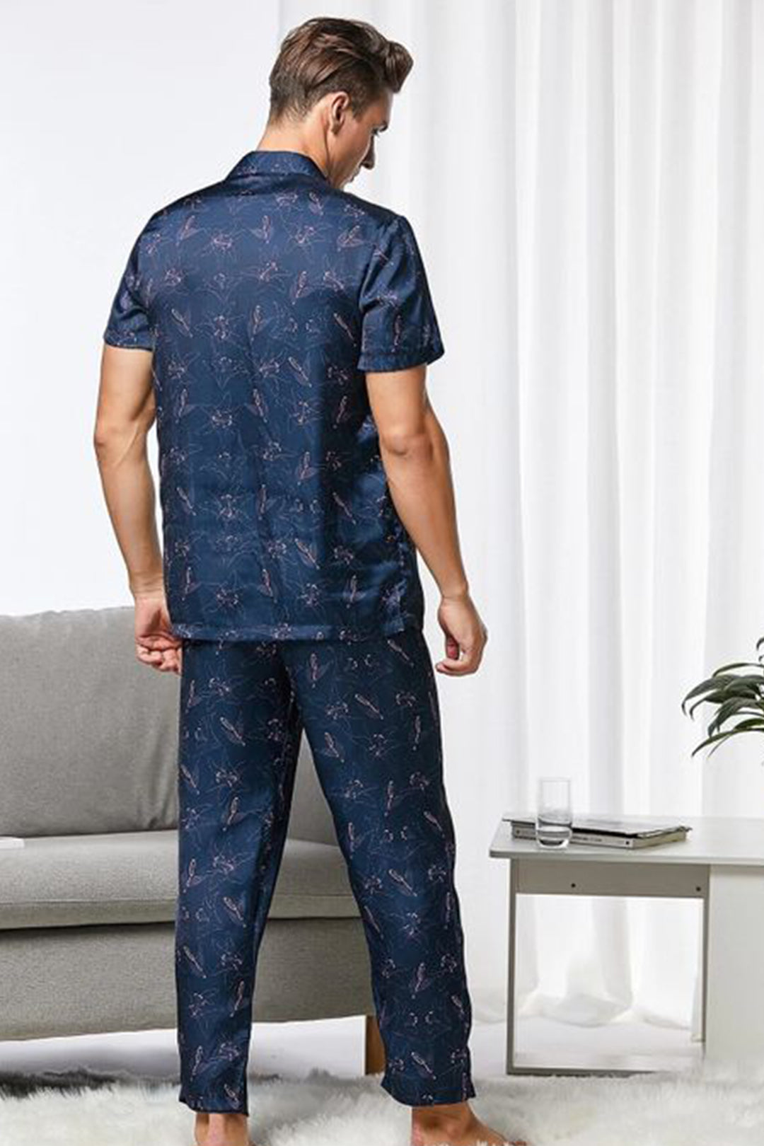 Sebastian Men's Silky Satin Navy Floral Print pajama set pjs, satin, Half sleeve