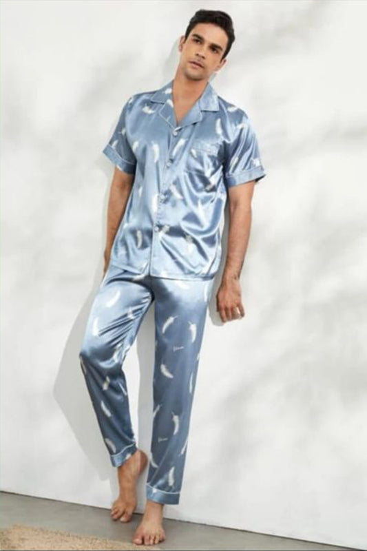 Sebastian Men's Silky Satin silver lapel collar button front satin pj set