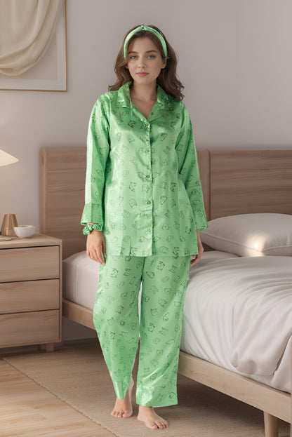 Rue' Rofe' Serene Sleepwear & Casual Daily Wear women Green printed silky Finish night wear Pajama Set