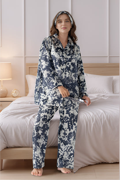 Rue' Rofe' Cozy Dreams & Casual Daily Wear women Navy printed silky Finish night wear Pajama Set