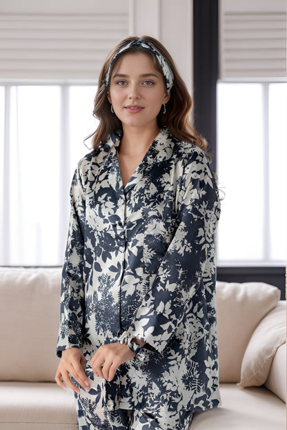 Rue' Rofe' Cozy Dreams & Casual Daily Wear women Navy printed silky Finish night wear Pajama Set