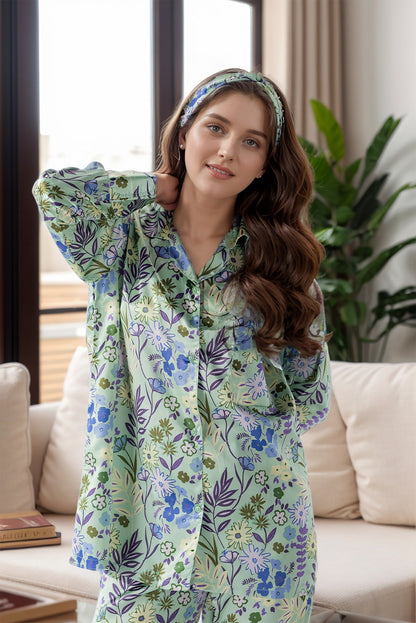 Rue' Rofe' Luxe Nightwear & Casual Daily Wear women Green Leaf printed silky Finish night wear Pajama Set