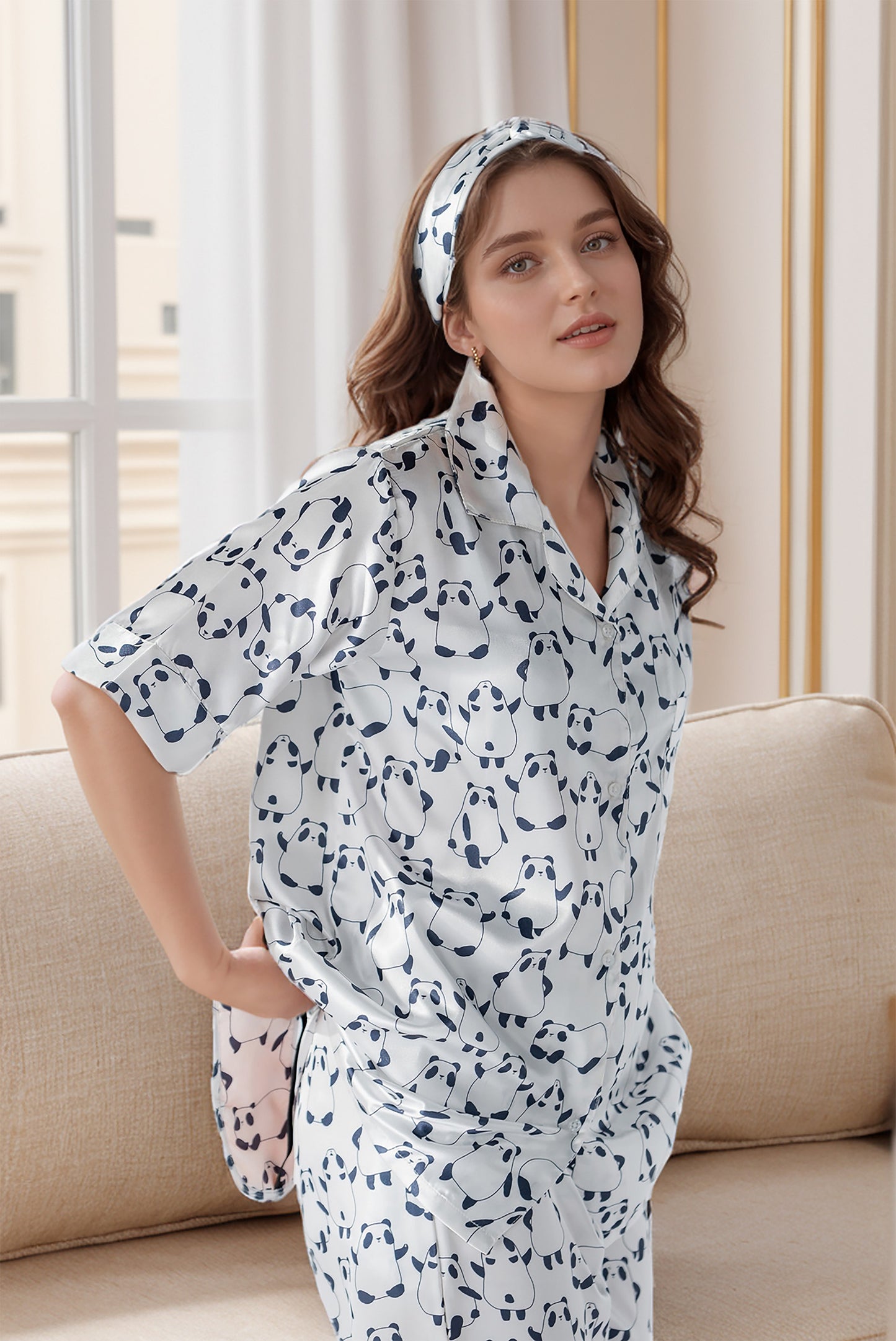 Rue' Rofe' Radiant Rest Collection & Casual Daily Wear women White Panda print silky Finish night wear Pajama Set