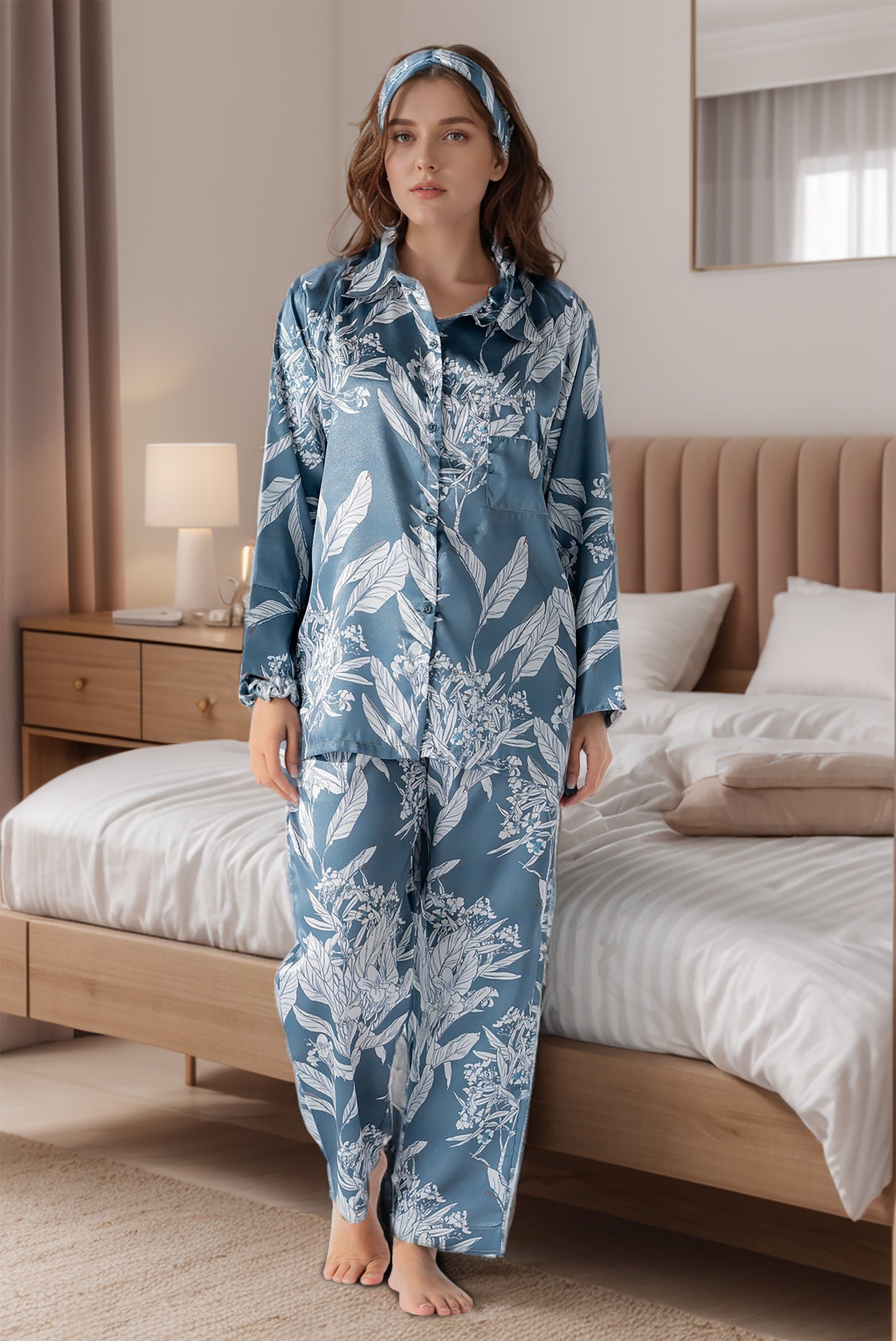 Rue' Rofe' Dreamy Nightwear Casual Daily Wear women Green Blue Leaf printed silky Finish night wear Pajama Set