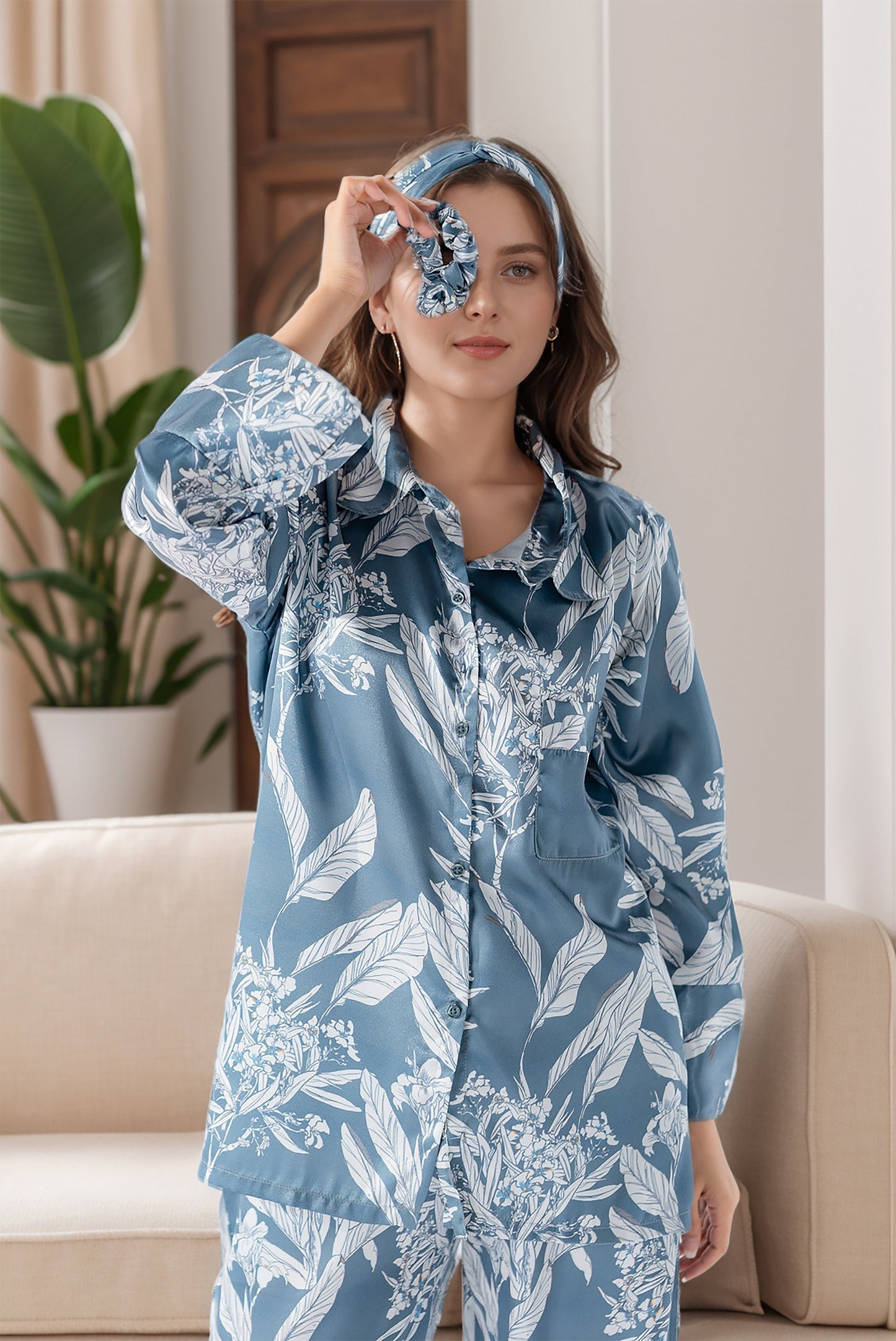 Rue' Rofe' Dreamy Nightwear Casual Daily Wear women Green Blue Leaf printed silky Finish night wear Pajama Set