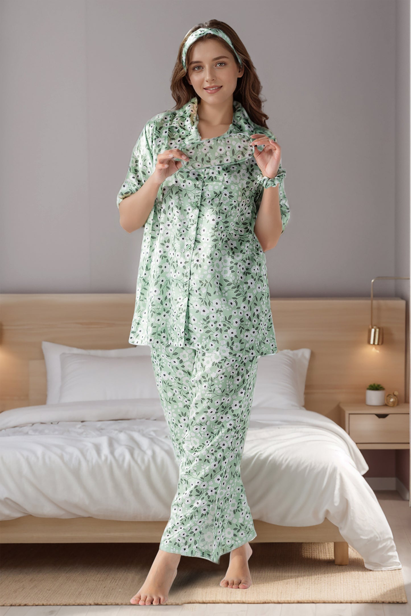 Rue' Rofe' Perfect For Sleep & Casual Daily Wear women printed silky Finish night wear Pajama Set