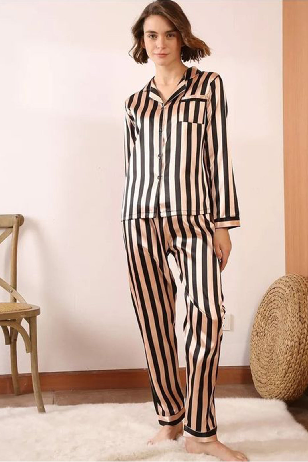 Bibiana Silk Session-3 Modern Elegance Nightwear Silky Satin Strip Pajama set COMFORTABLE and BREATHABLE Women PJ Set