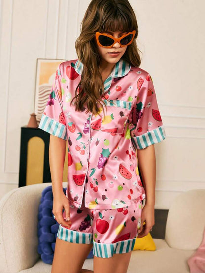 She's Inn Creations Floral Print Contrast Piping Pocket Front Satin Short Set women Night wear For Women Sleepwear For Girls