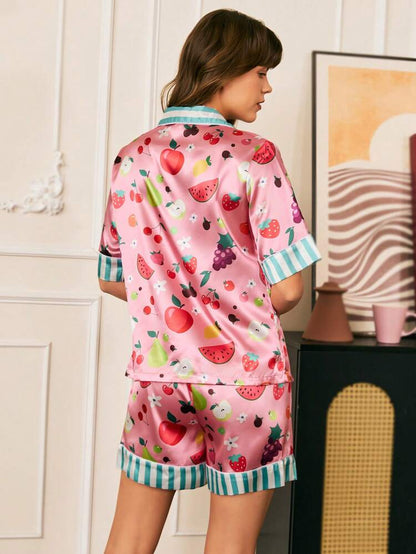 She's Inn Creations Floral Print Contrast Piping Pocket Front Satin Short Set women Night wear For Women Sleepwear For Girls