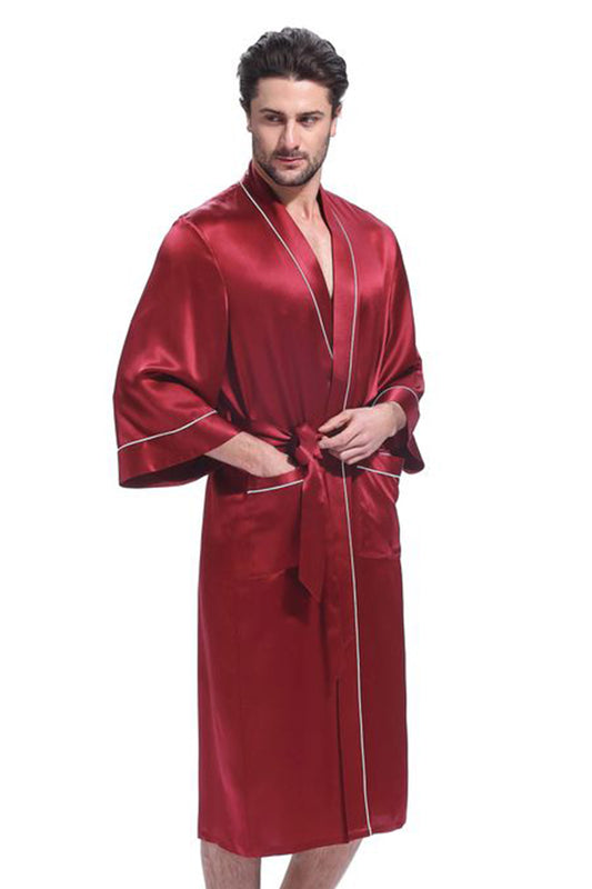 Sebastian Men's Silky Satin Long Sleeve Burgandy Robe With Pippin