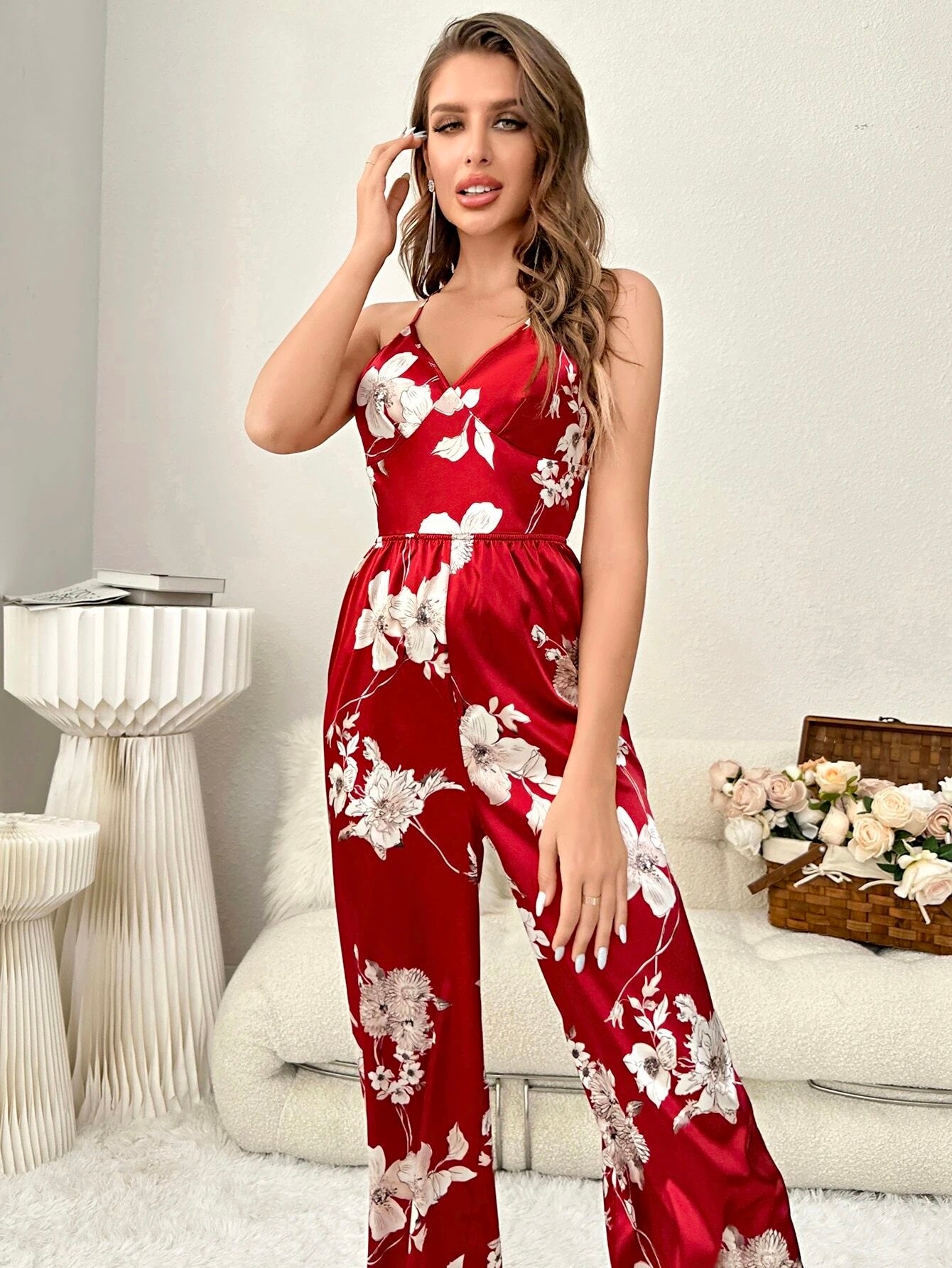 She's Inn Aura Silky Satin Women's Floral Printed Camisole & Pant Night dress SBA-TNP-BGF-200