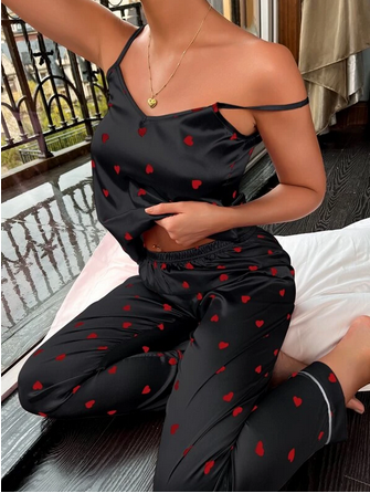 She's Inn Mystique Silky Satin Women's Red Heart Print Camisole & Pant Night dress