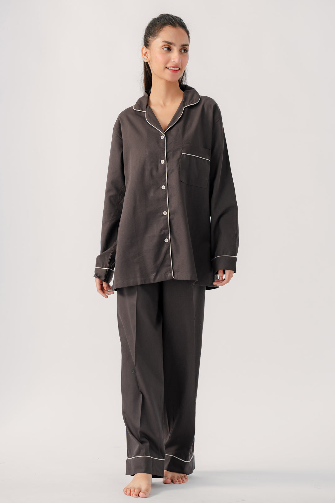 Marium Malik Charcoal pajama set fabric made specially for dry season super soft wrinkle free.