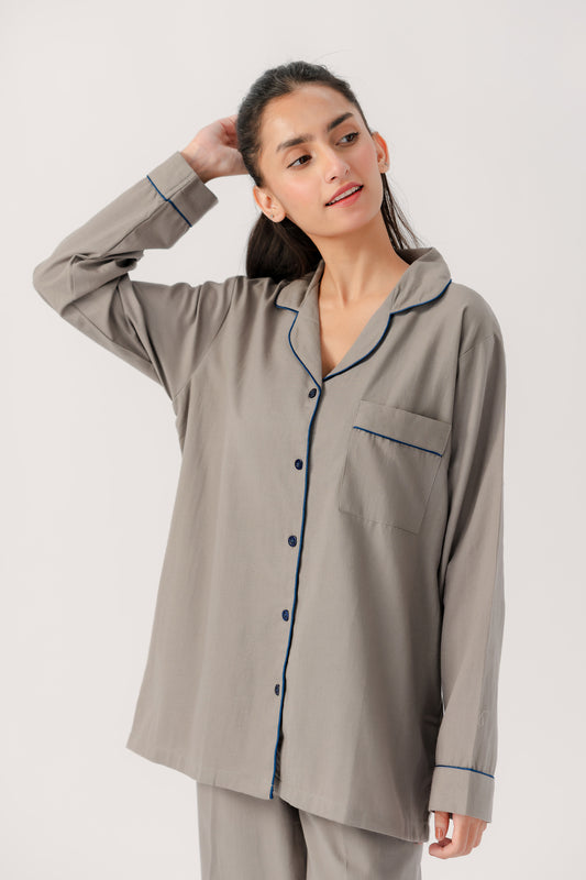 Marium Malik Grey pajama set fabric made specially for dry season super soft wrinkle free.