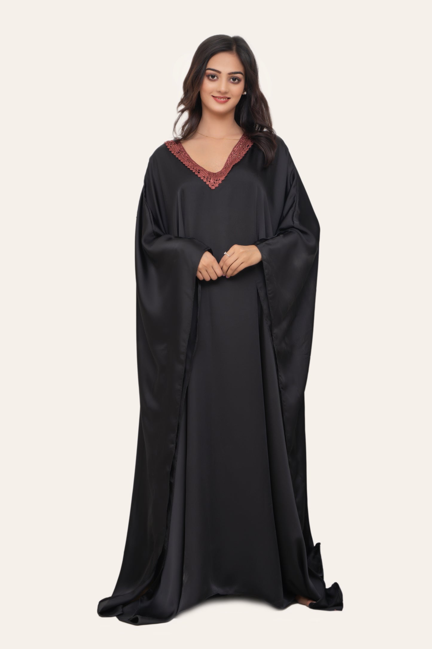 Aura Silk Kaftan-2 Detailed with Crochet Lace kaftan Night Wear/loungewear