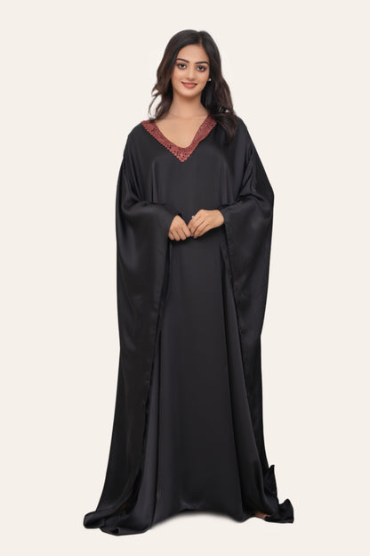 Aura Silk Kaftan-2 Detailed with Crochet Lace kaftan Night Wear/loungewear
