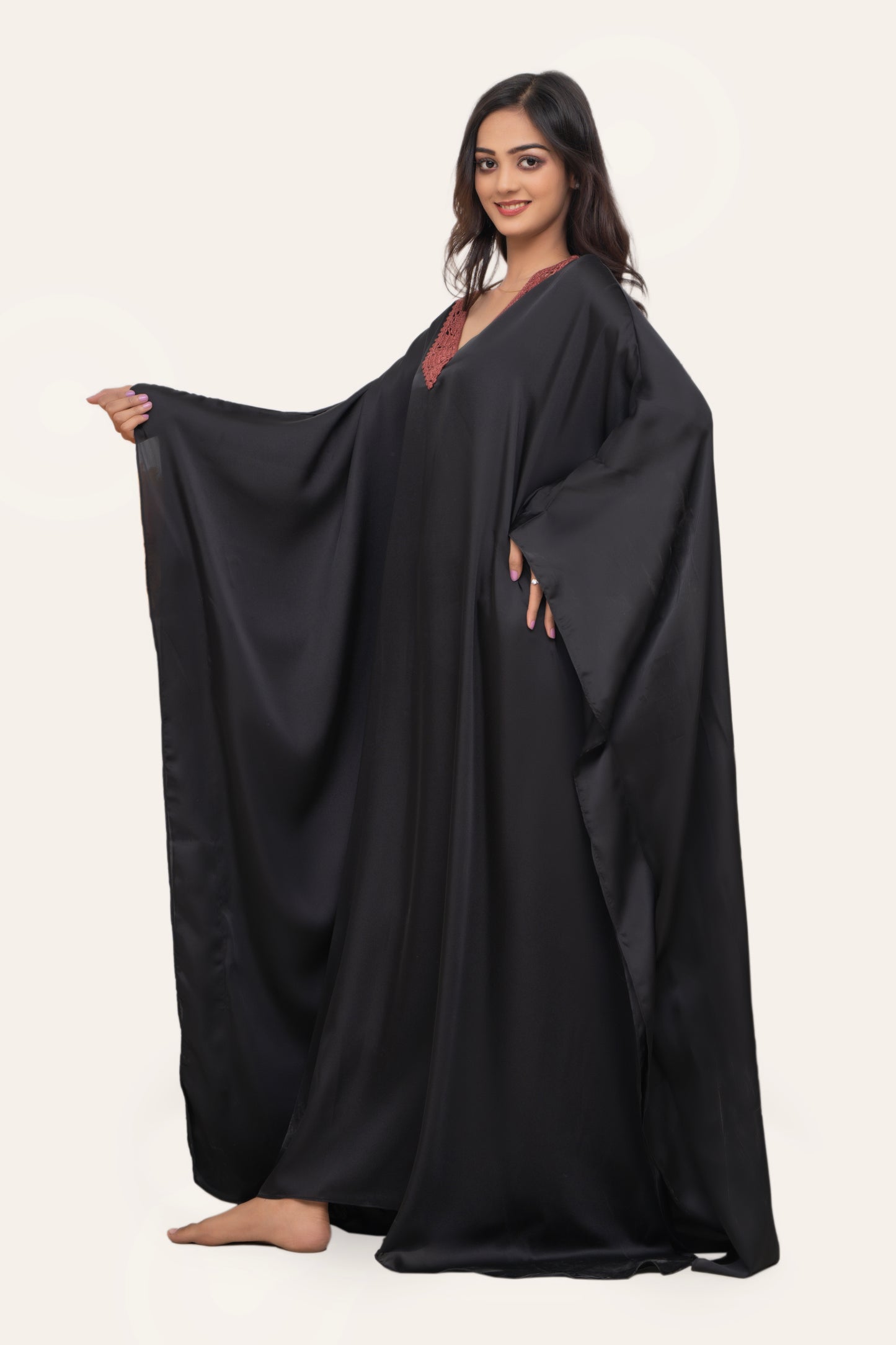 Aura Silk Kaftan-2 Detailed with Crochet Lace kaftan Night Wear/loungewear