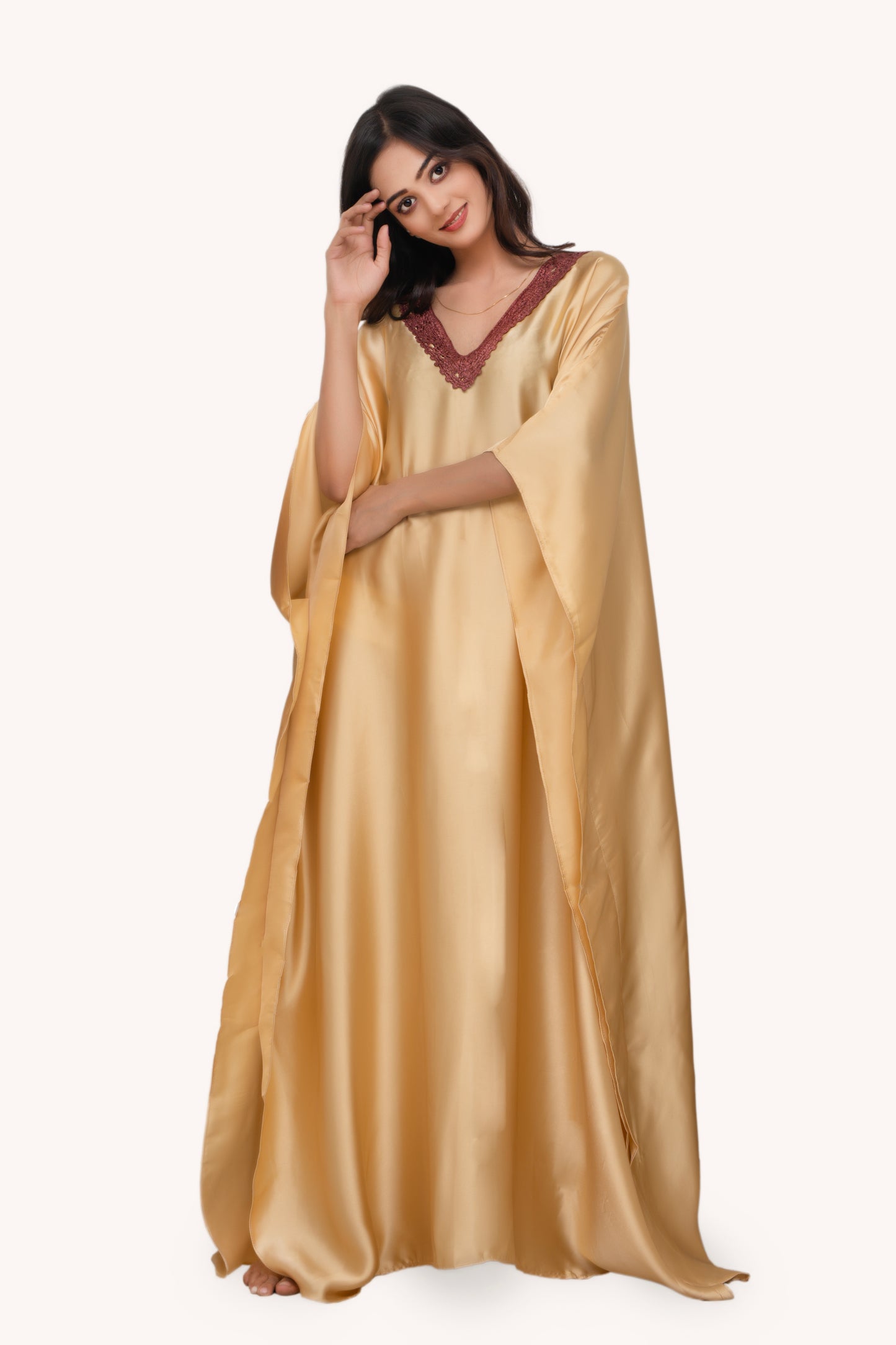 Aura Silk Kaftan-2 Detailed with Crochet Lace kaftan Night Wear/loungewear